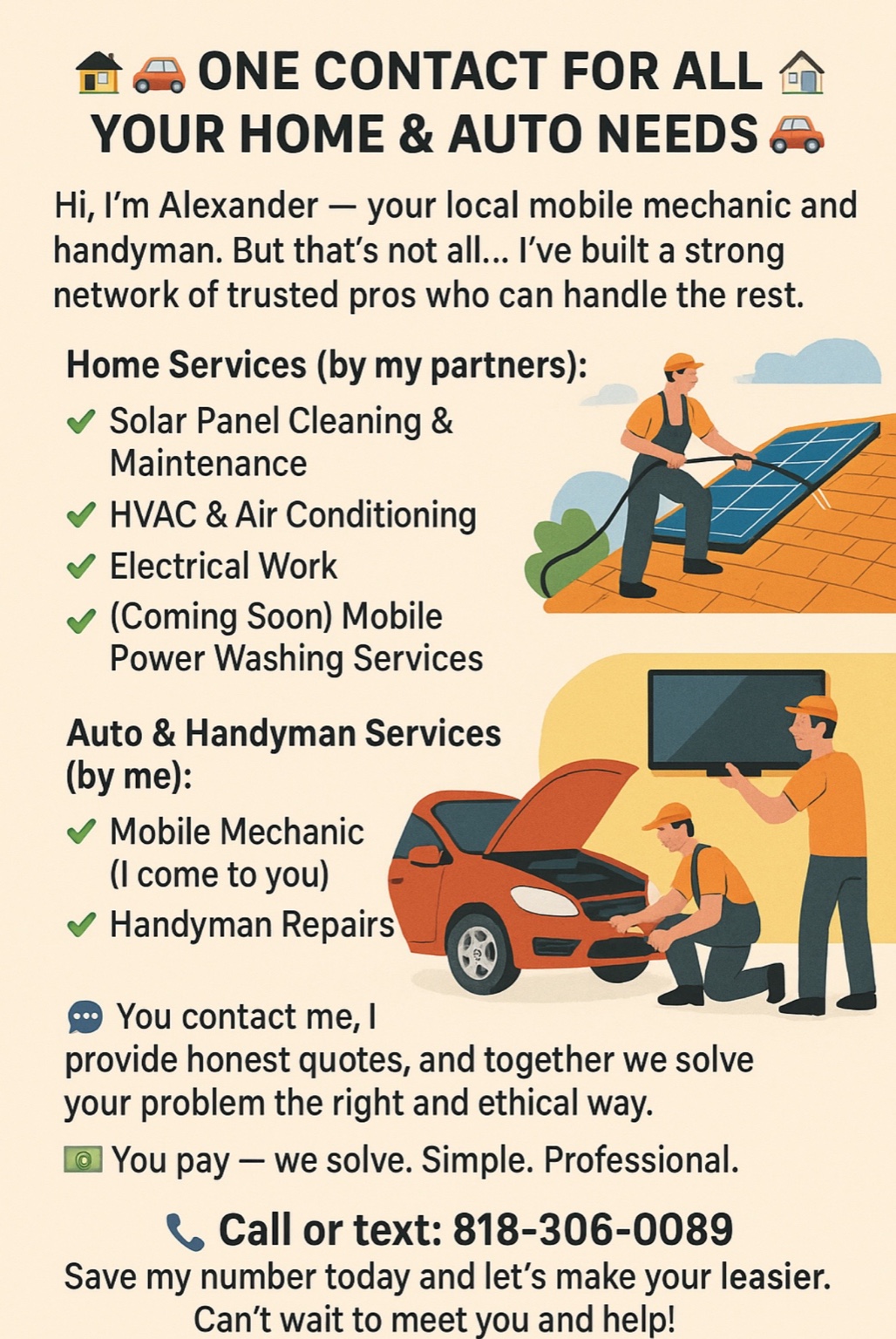 Mobile mechanic, handyman, and solar panel cleaning services banner for San Fernando Valley and Los Angeles